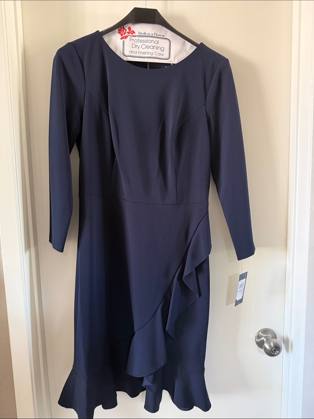 Tommy Hilfiger Navy Long-Sleeve Ruffle Sheath Dress